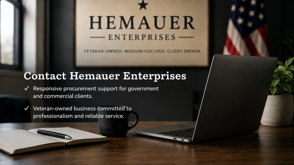 Professional office workspace representing Hemauer Enterprises contact and procurement support services for government and commercial clients.